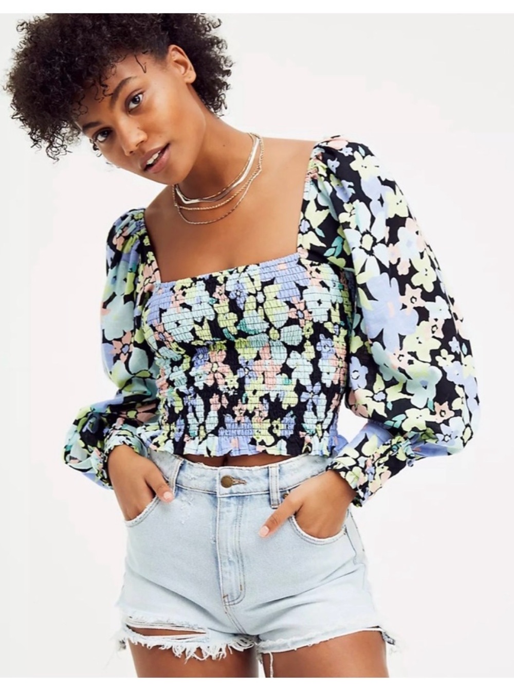 Free people Ariana Black Floral Smocked Square-Neck Puff Sleeve Top